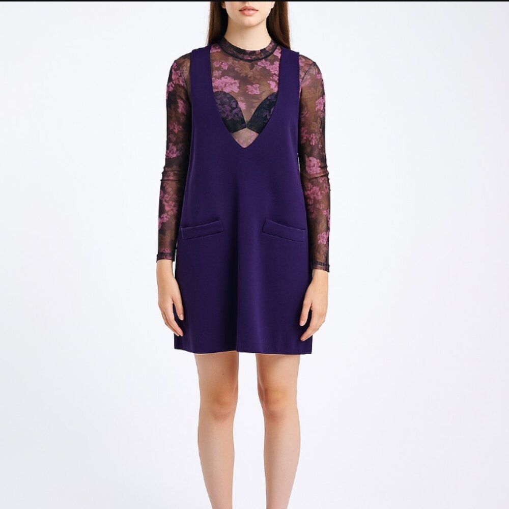 Michele Petite Jumper Deep V-Neck Purple Mini Dress Mod Vintage Size 8 - Picture 3 of 15